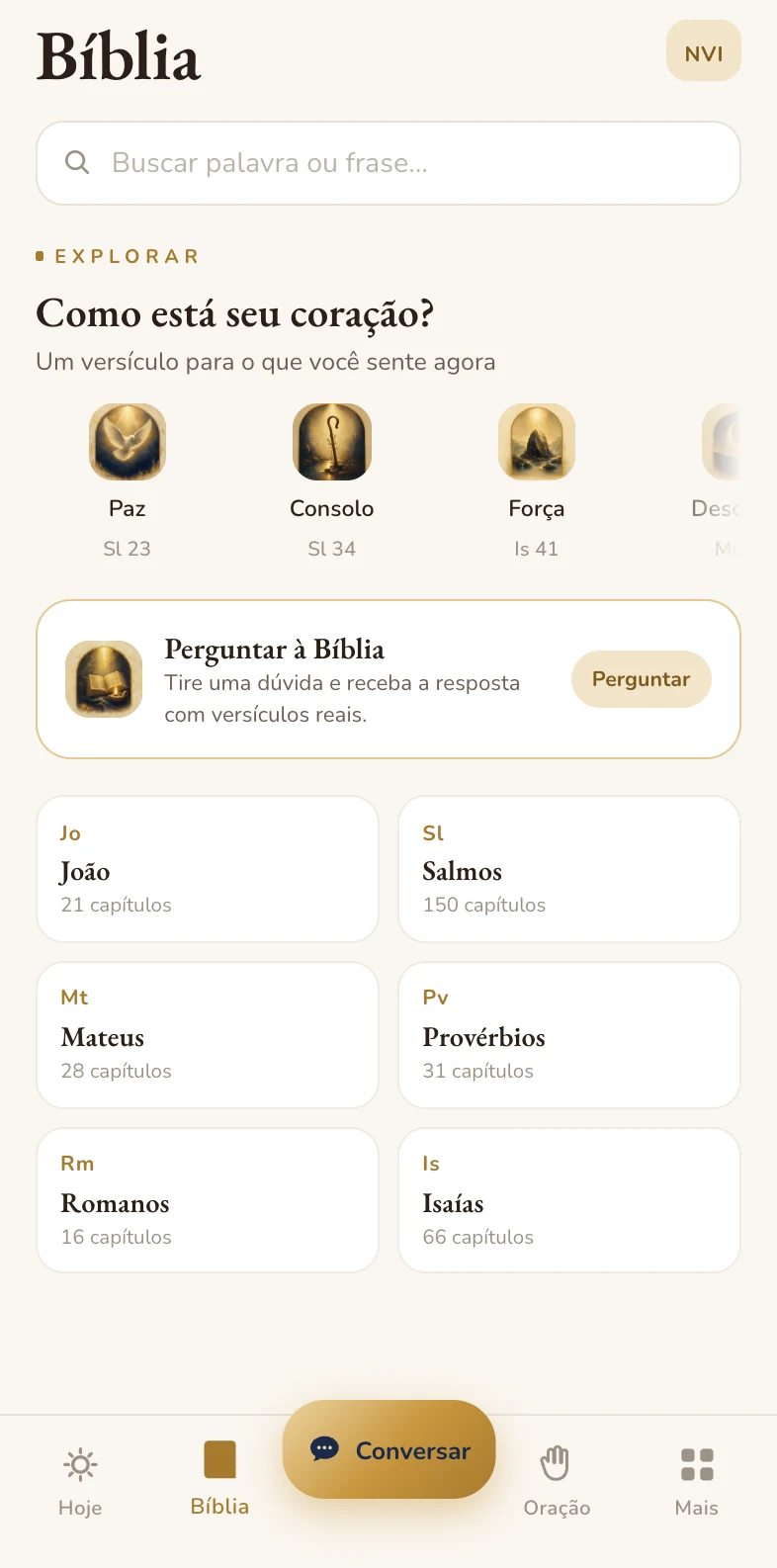 Bíblia completa no app, com busca por palavra e versículos por sentimento