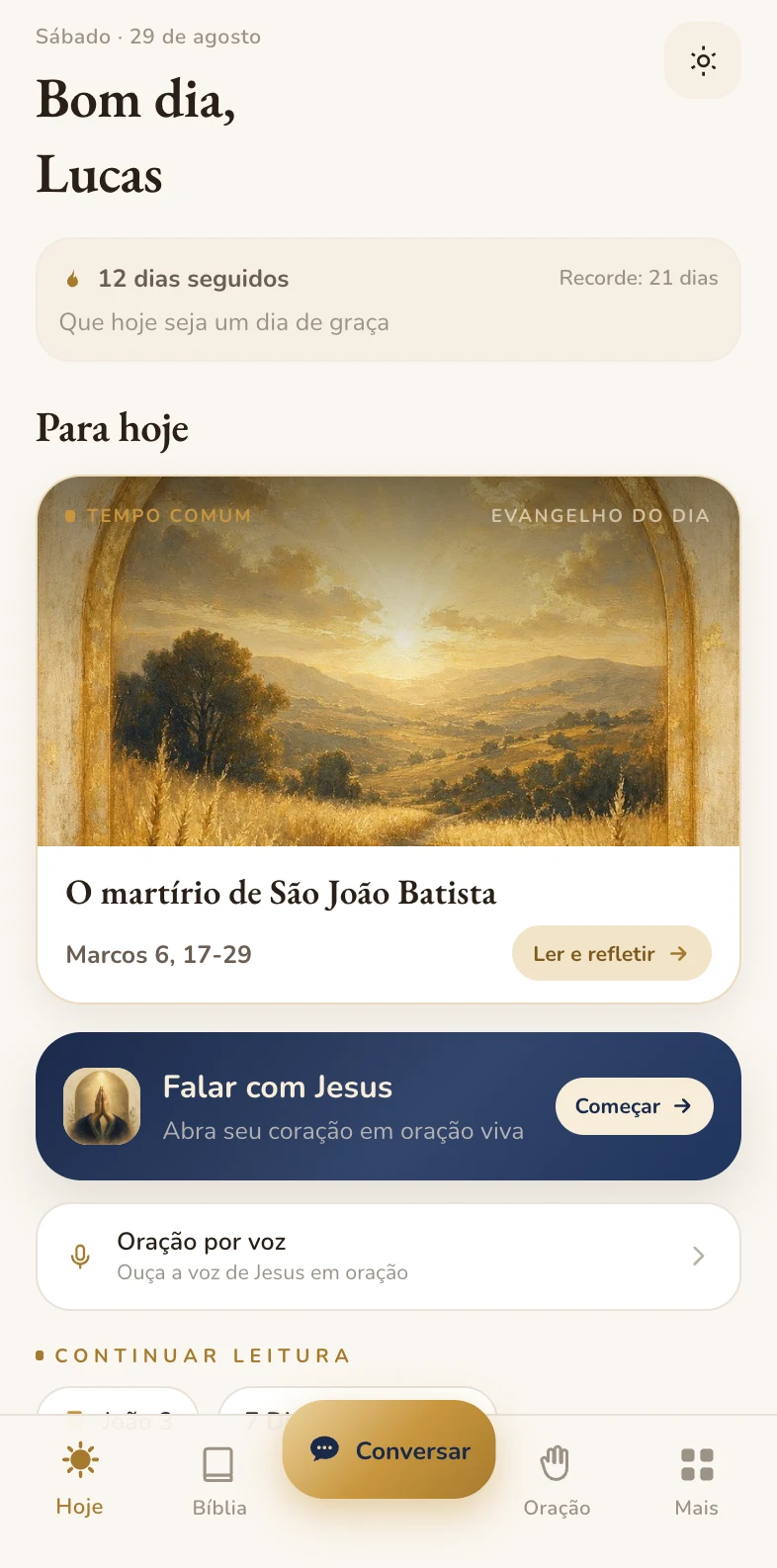 Tela Hoje do app com o Evangelho do dia e a sequência de oração